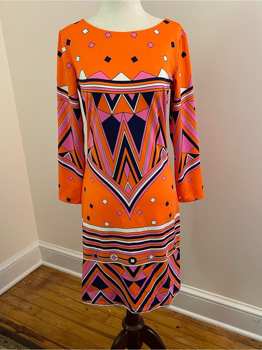 Julie Brown NYC Orange Geometric Print Shift Dress S Mod